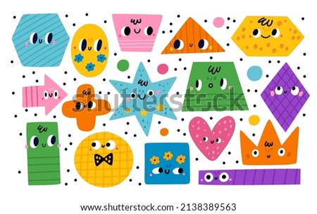 Geometric shapes characters. Basic abstract color figures with cute faces. Educational kids game. Patterned circles and polygons. Trapezoid or arrow. Vector baby