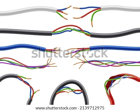 Broken electric cables. Damaged realistic power wires. Different curved flexible shapes with sticking torn connections. Uninsulated current circuit. Vector defective