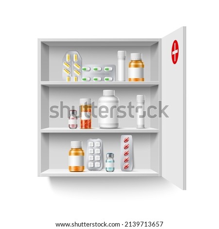 Realistic medicine cabinet. 3D home first aid kit. Shelves with drugs bottles and blisters with pills. Ampoules and jars for remedies. Pharmacy storage. Box hanging on