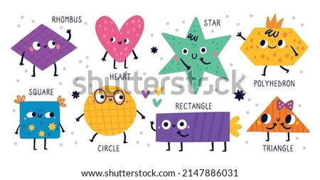 Basic geometric shapes faces. Cute baby educational figures with inscriptions. Childish patterned color emoji characters. Circle and polygons with funny smiles. Vector