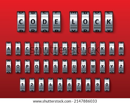 Combination lock font. Padlock safe coding numbers or letters. Realistic spinning alphabet. Metallic wheels. Key variation. Access password. Privacy safety. Vector 3D