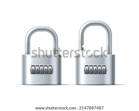 Padlocks combination. Realistic locks. Opened and closed. Protective door mechanical device with rotating wheels. Number passcode variation. Interlock password. Vector 3D