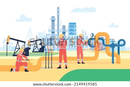 Oil gas workers. Petroleum pipeline engineers. Factory work people. Energy resources. Rigs and pumps. Fossil resource. Fuel products industry. Petrol production workers