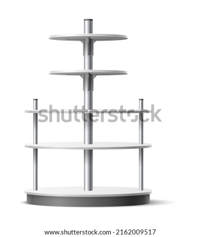 Empty shelving stand. Realistic shopping round shelves. Supermarket and stores furniture. Front view multi level racking. Shop merchandise presentation. Vector product