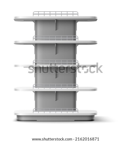 Empty shelving stand. Realistic shopping shelves. Supermarket furniture. Multi level racking front view. White store rack for merchandise exhibition. Vector clean shop