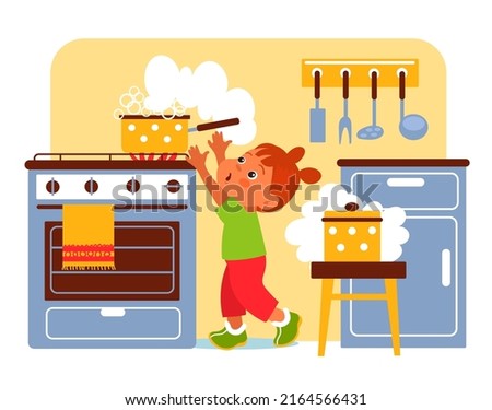 Kid danger. Child reaches for boiling water pot. Girl risks in kitchen. Baby unattended. Traumatic situation. Naughty child with hot pan. Little cooker accident. Splendid Foto stock © 