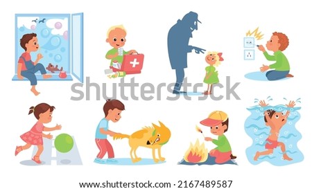 Kids in dangerous situation. Children play with sharp, hot and poisoned objects. Danger to life and health. Risk baby. Drowning boys. Girls careless cross road. Splendid Foto stock © 