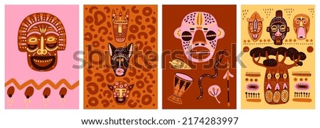 African mask cards. Patterned totems. Ritual elements. Nigeria culture. Painted faces. Decorative baobab tree. Doodle aborigines and animals heads. Indigenous idols