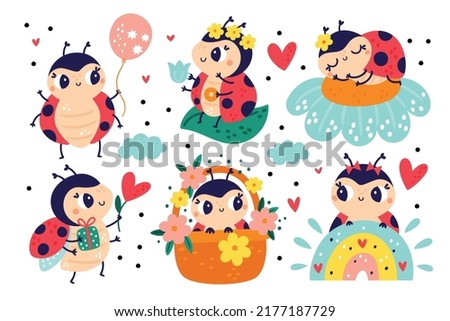 Cartoon ladybug. Cute insect characters. Bright red funny beetles with polka dots. Cartoon bugs with flowers and balloon. Ladybird on rainbow and clouds. Small animal