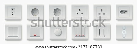 Realistic socket and switch. Interior wall outlets or electric connectors. Different square types. Plastic light toggle. Plug adapter shapes. Home buttons. Vector