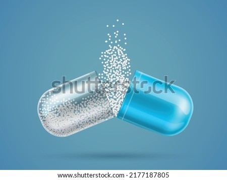 Open realistic medicine capsule. Medical pill. Half parts with cure granules. Treatment and health care. Prescription remedy. Painkiller or vitamin drug dose. Vector
