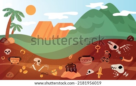 Archeology soil layers. Paleontological excavations with ancient valuables and skeletons. Underground artifact. Tropical scenery. Treasure and skulls in ground. Garish