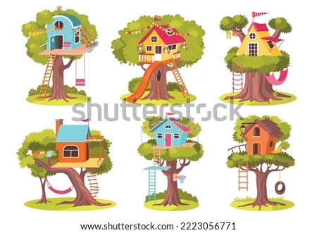 Tree house. Cute kids wooden buildings. Children adventure. Cozy lairs with ladders and swings. Fairytale little homes in plant branches. Playing park constructions