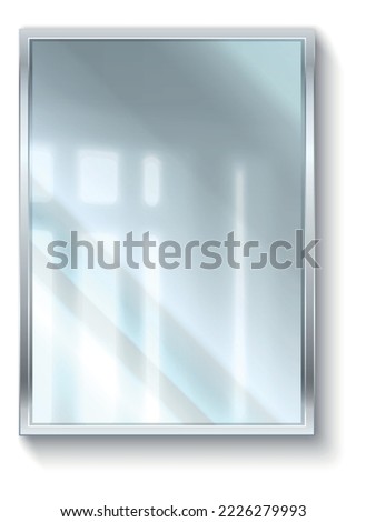Realistic mirror. 3D reflective glass surface in frame. Geometric square shape. Hanging on wall interior decor element. Bathroom or bedroom furniture. Vector apartment