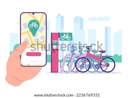 Bike rental service. Transport rent station. Mobile application. Urban transportation. Smartphone in hand. Bike parking. City navigation app. Map location. Cycle sharing