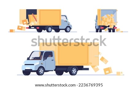 Boxes fall from truck. Lorry cardboard parcels loss. Freight insurance. Cargo automobile shipping. Delivery logistic. Danger car transportation. Vehicle view angle