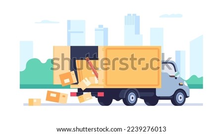Boxes fall from truck. Lorry cardboard parcels loss. Cargo automobile shipping. Traffic accident. Insecure packages transportation. Delivery failure. Freight insurance