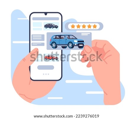 Buy or rent car. Mobile app. Vehicle selling service. Hands holding device. Person choosing automobile. Smartphone application. Online auto dealership. Transport sale
