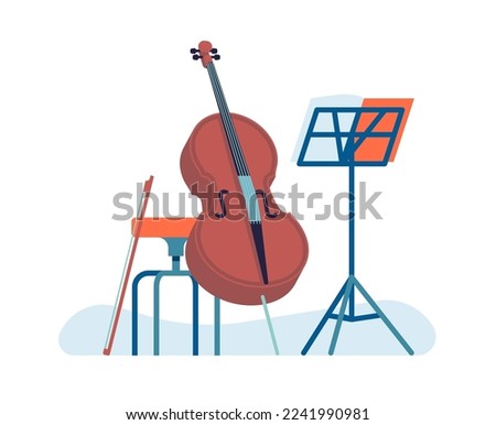 Musical acoustic instrument. Learning to play cello. Music stand and chair. Orchestra performance. Jazz band. Musician concert. Violoncello and bow. Cellist education