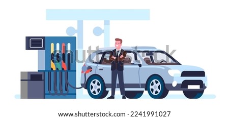 Man at gas station. Person refueling car. Automobile refill. Automotive fossil fuel. Petroleum filling. Diesel pump with nozzle. Diver waiting for auto petrol charging