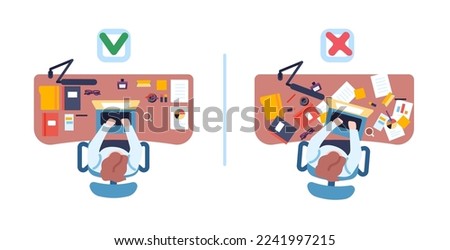 Dirty and clean desktop. Office workers table top view. Papers and stationery. Employee at desk. Document pages and notebooks organization. Vector messy or organized