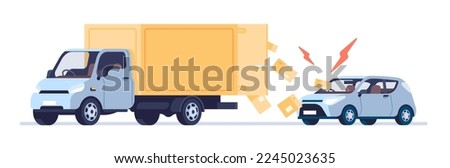 Boxes fell out of truck into car behind. Traffic accident. Lorry cardboard parcels loss. Cargo automobile shipping. Delivery logistic failure. Broken vehicle windshield
