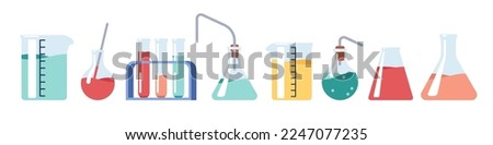 Transparent glassware with chemical reagents. Laboratory test tubes. Medical scientific research. Experiment equipment. Lab measuring beaker. Bottle with dropper. Vector