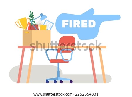 Box of personal belongings. Getting fired from your job. Hit by redundancy. Work dismissal. Empty table and chair. Office workspace. Hand pointer sign. Packing clothes