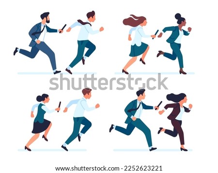 Businessman passes baton to his colleague in relay race. Business group competition. Employees partnership. Running men and women with sticks. Sprinting people. Vector