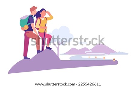 Young couple plan travel itinerary. Man and woman look off into distance. Hiking tourism. Tourists planning journey route. Mountain trekking. Travelers with backpacks