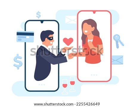 Man communicates with woman on dating site in order to deceive her and take advantage of trust. Romantic smartphone app. Cyber scam. Lovers mobile chat. Fake romance
