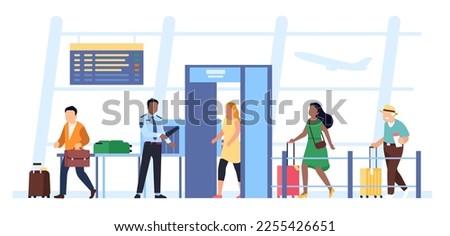 Passengers and tourists pass through gates with detectors at airport. Security guard scanning baggage. Men and women waiting in queue. Airline transportation safety