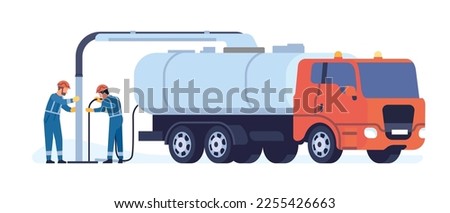 Sewer cleaning service. Workers clean sewerage line. Truck with cistern and pump hose. Liquid drain machine. Industrial vehicle. Pipeline repair workman. Plumbers work