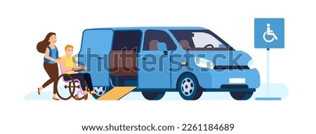 Woman helps disabled person get into special transportation. Paralyzed man in wheelchair. Inclusive accessibility. Handicapped people mobility. Handicap boarding in van