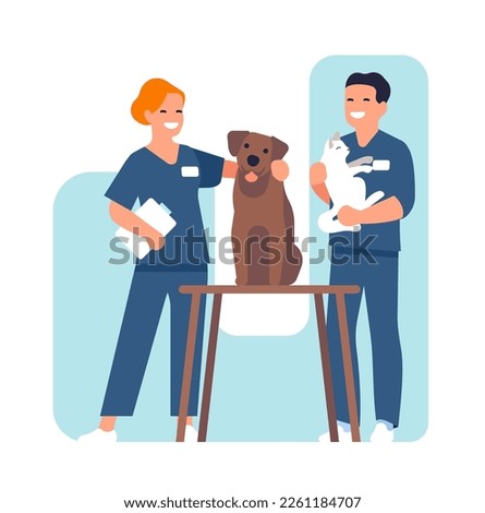 Vet hospital. Happy veterinarians. Man and woman caring of animals. Employees of veterinary clinic with cat and dog. Pets health checkup. Kitty and puppy examination