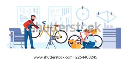 Similar – Image, Stock Photo Repairman fixing bicycle wheel in workshop