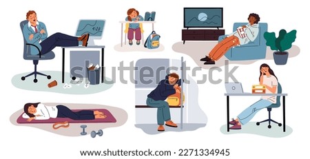 Sleepy people. Tired and asleep characters. Unexpected places. Overworked employees. Persons with narcoleptic seizure. Fatigue and drowsiness. Kid sleeps at school desk