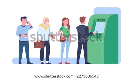 People standing in waiting line at ATM. Queue of men and women to payment terminal. Banking finance transfer. Automated machine. Withdrawing money. Electronic cashpoint