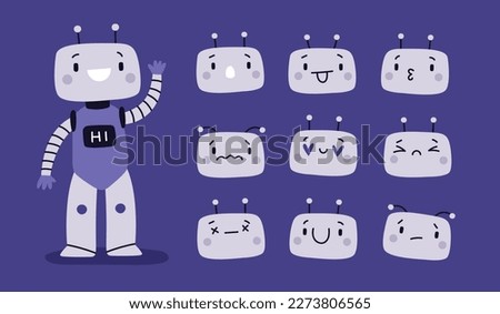 Robot emotions. Emotional android avatars. Kids cyborg head. Digital application cute chatbot. Cartoon mascot. Facial expressions. Happy or sad faces. Robotic machine