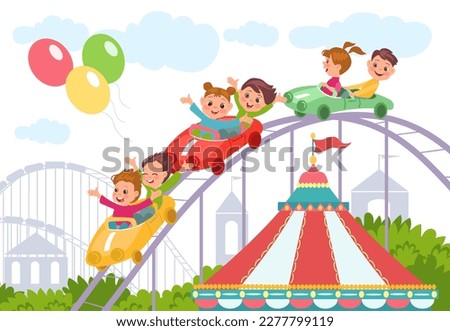 Cute children on Russian roller coaster. Smiling boys and boys ride in amusement park. Attraction cars. Fun entertainment. Funpark carousel. Summer outdoor leisure