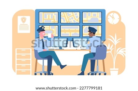 Security guards in control room look at screens of CCTV cameras. Police officers sitting at monitoring monitors. Video surveillance service. City secure supervision