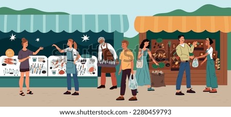 Street markets people. Fair visitors inspect food trays. Making purchases. Men and women buying seafood. Persons paying for vegetables and fruits. Outdoor kiosks. Garish