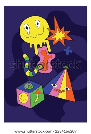 Psychedelic poster. Melting smiley. Geometric figures. Crazy worm. Abstract shapes. Bright spark. Surreal 60s and 70s card. Trippy face. Aliens UFO. Happy faces. Vector
