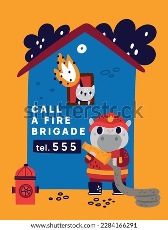 Firefighters card. Cartoon animals extinguish burning house. Hippo rescuing cat. Home in fire. Hippopotamus in with hydrant hose. Professional uniform. Vector educational