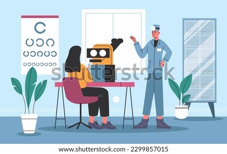 Patient at optometrists consultation. Ophthalmological examination in doctors office. Woman checks her eyesight. Glasses selection. Vision checkup in medical clinic