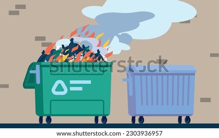 Burning garbage in trash can near wall of house. Improper waste disposal, plastic incineration. Toxic smoke air pollution, bad ecology, container in bonfire cartoon flat
