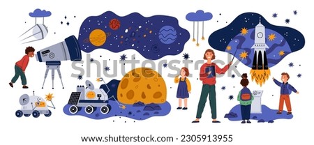 People in planetarium. Visitors to astronomy museum. Guide with children. Kids looks through telescope. Planets or stars constellations. Exhibition in observatory. Garish