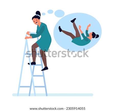 Fear of heights. Frightened woman afraid to climb stairs. Scared girl nervous about fall off ladder. Mental phobia. Person imagines flying down staircase. Vector