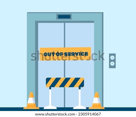 Elevator does not work. Out of service. Lift repair in hall. Closed failure metal sliding doors. Stop barrier. Lobby interior. Fixing maintenance. Blocked broken doorway