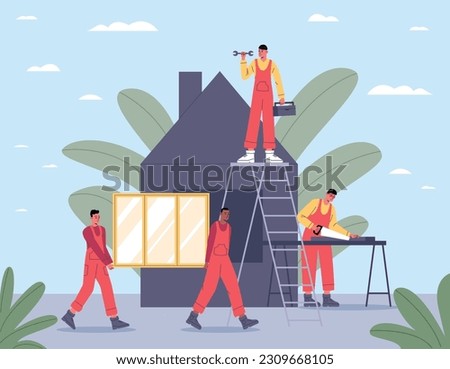 Home renovation scene. Cartoon workers characters. Guys in overalls sawing and mounting window. Builders brigade repairing house. Professional masters. Carpenter on